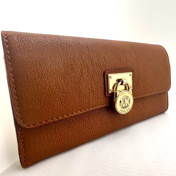 Michael Kors Fulton Hamilton Leather Flap Wallet Brown Gold Lock - Picture 3 of 10